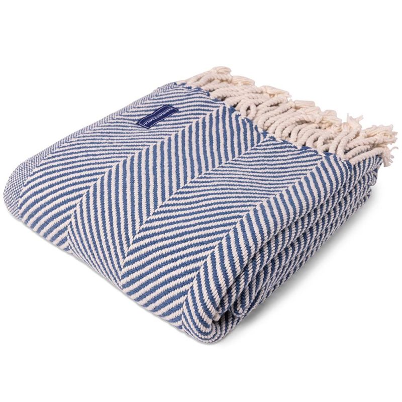 Monhegan Cotton Throw With Fringe Indigo With Fringe active All Throws Best Seller Cotton Throws Current Full Price FWM group-gallery Herringbone Collection Herringbone Throw machine washable personalization Regular Priced Throws