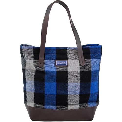 Lowertown Tri-Color Buffalo Check Wool Tote Blue w Brown Leather active Current group-gallery Patterns & Plaids